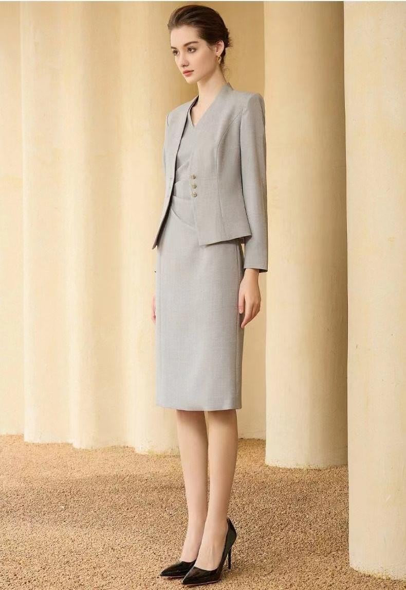 suit dress Navy Blue Slim Fit 3-Piece Prom | Prom 2026 Button on Plus Size Long Coat Women