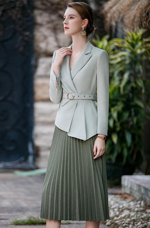 Olive Elegance Pleated Skirt and Belted Blazer Set