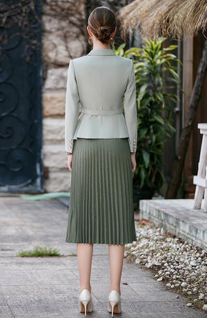 Olive Elegance Pleated Skirt and Belted Blazer Set