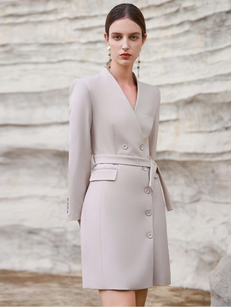 beige belted blazer dress Manire de Voir Sierra Double Breasted Belted Blazer Dress in Beige at Nordstrom, Size 6