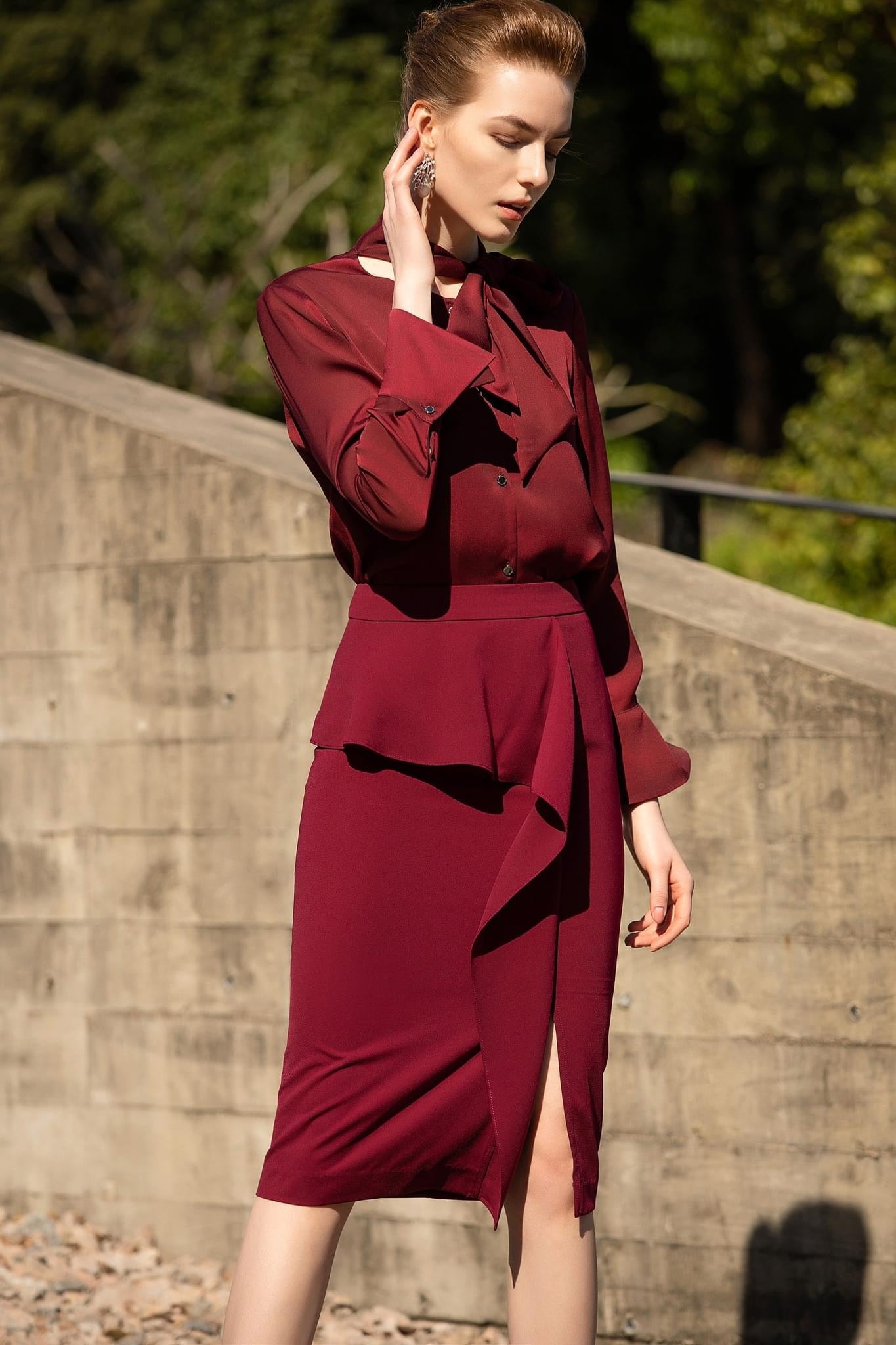 Red V-Neck Fishtail Skirt Suit, FashionByTeresa