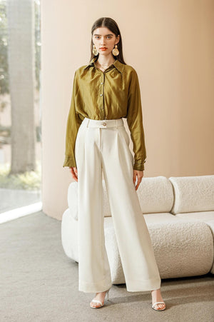 Olive Sheen Button-Up Blouse