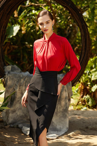 Ruby Radiance Pleated Satin Blouse
