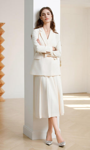 Chic Ivory Duo: Loose-Fit Blazer and Skirt Ensemble