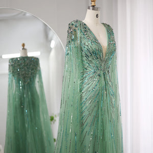 Sage Green Evening Dress with Cape Formal Gown