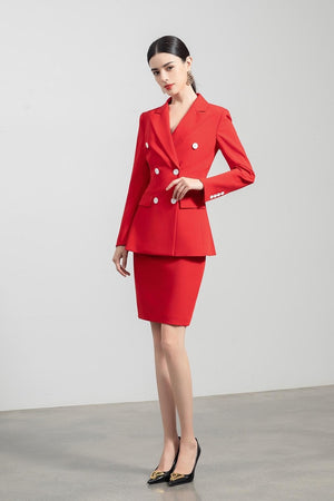 Red Tailored Double Breasted Skirt and Pantsuit - FashionByTeresa