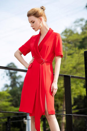 Red High Slit V-neck Dress - FashionByTeresa