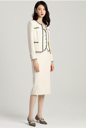 Beige Three Pcs Tweed Skirt and Blazer Set - FashionByTeresa