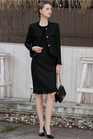 Black Tweed Button-up Jacket and Dress Set - FashionByTeresa