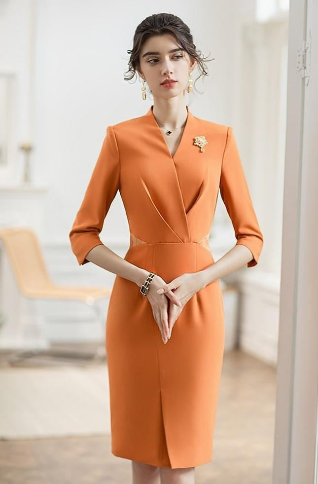 Orange Front Slit V-neck Dress - FashionByTeresa