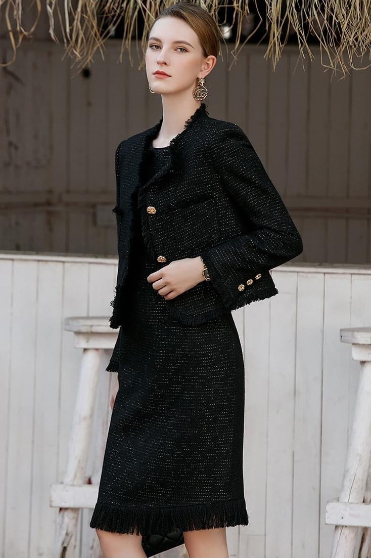 Black Tweed Button-up Jacket and Dress Set M / Jacket Black Tweed Button-up Jacket and Dress Set M / Jacket