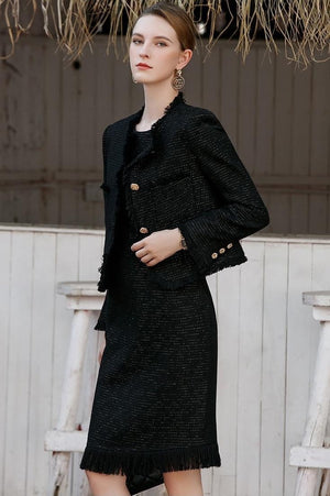 Black Tweed Button-up Jacket and Dress Set - FashionByTeresa