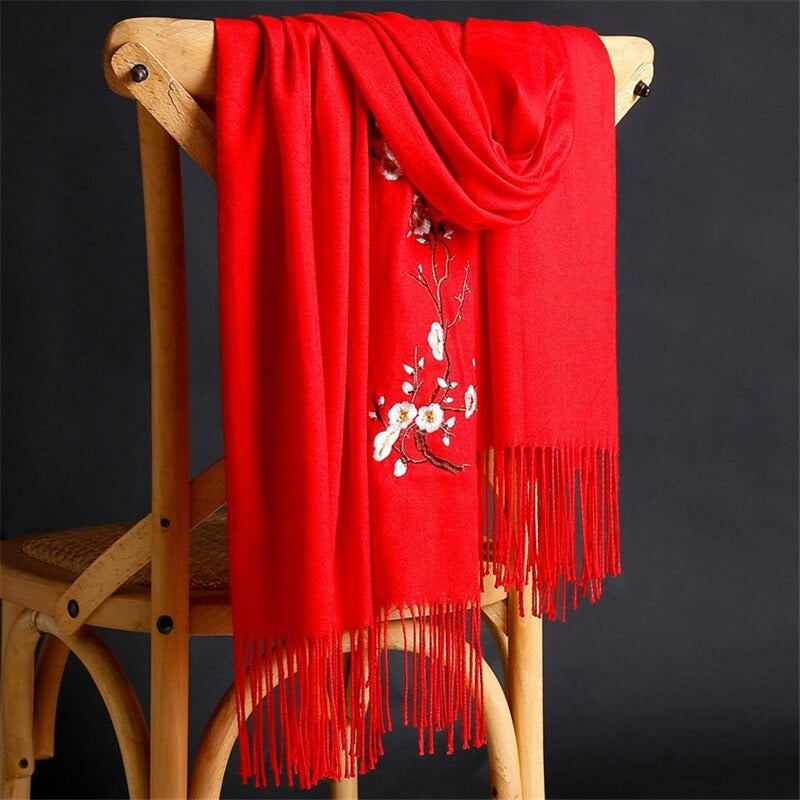 FBT - Soft Wool Flower Embroidery Cashmere Shawl Scarf - FashionByTeresa