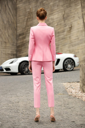 Pink V-neck Double Breasted Pantsuit - FashionByTeresa