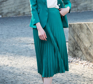 Green V-neck Blazer Pleated Skirt Suit - FashionByTeresa