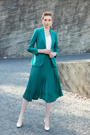 Green V-neck Blazer Pleated Skirt Suit - FashionByTeresa