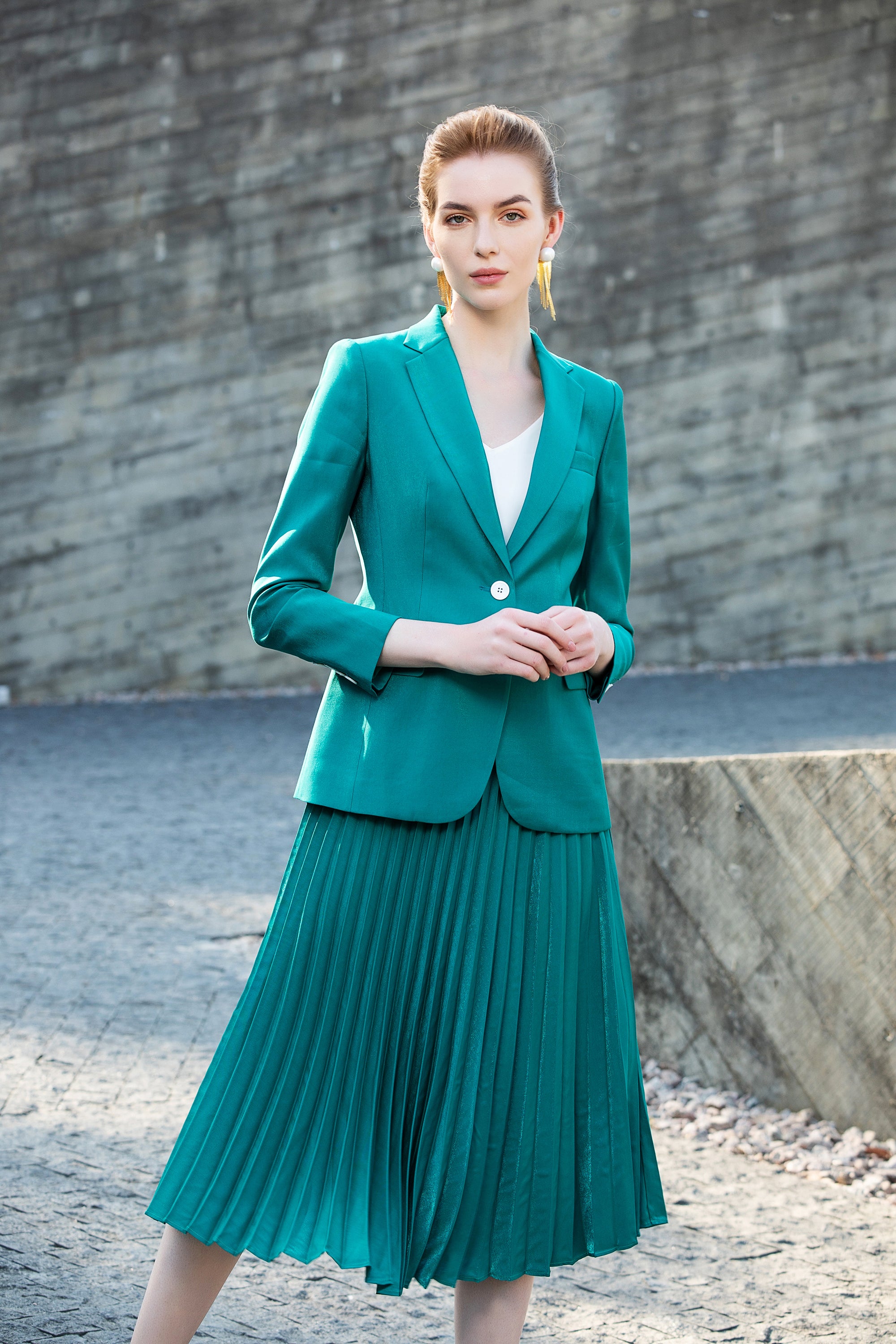 Green V-neck Blazer Pleated Skirt Suit FashionByTeresa
