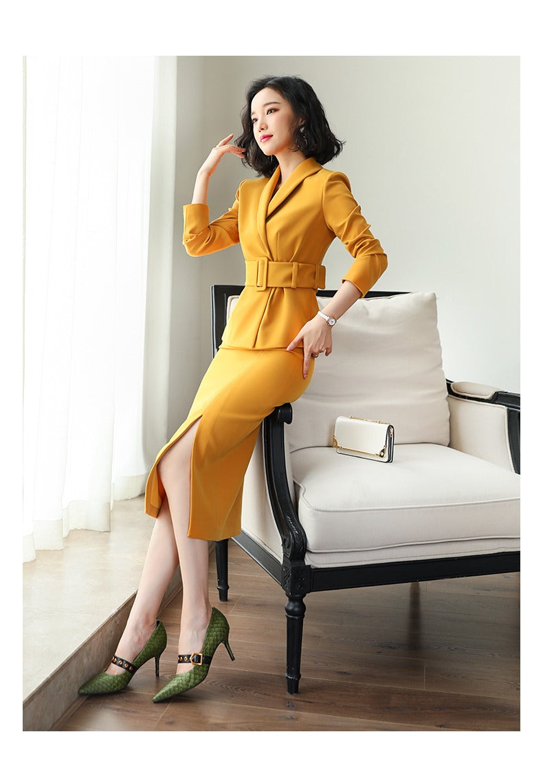 Yellow Belted Two Piece Skirt Suit, Small Yellow Belted Two Piece Skirt Suit, Small