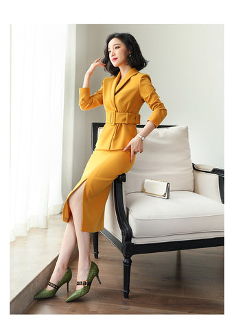 Yellow Belted Two Piece Skirt Suit – FashionByTeresa