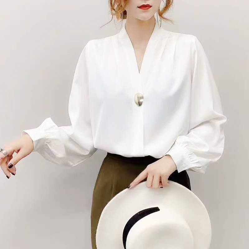 Elegant V Neck Lantern Sleeve Silk Blouse - FashionByTeresa