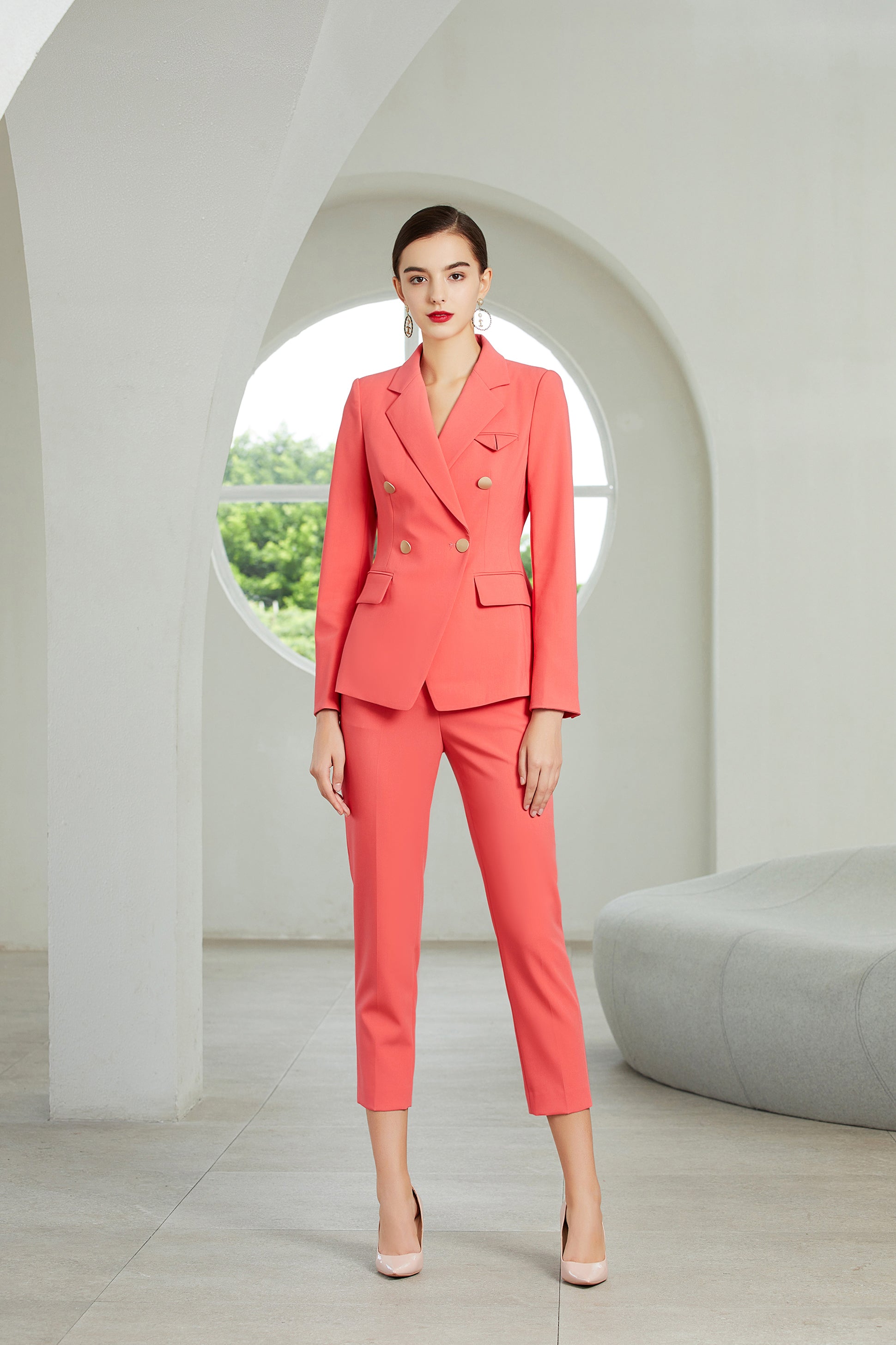 Pink Blazer Trouser Suit for Women, Coral Pantsuit for Women, 3
