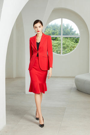 Red V-Neck Fishtail Skirt Suit - FashionByTeresa