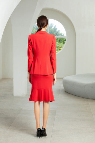Red V-Neck Fishtail Skirt Suit - FashionByTeresa