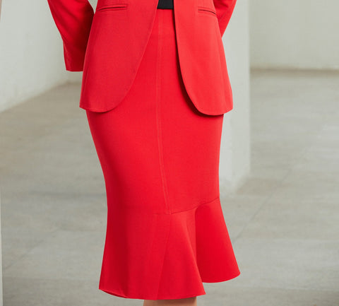 Red V-Neck Fishtail Skirt Suit - FashionByTeresa