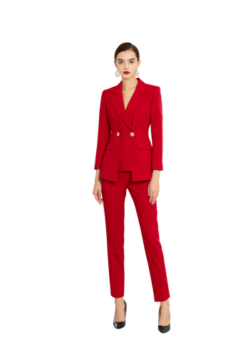 Red Three Button Assymmetric Pantsuit - FashionByTeresa