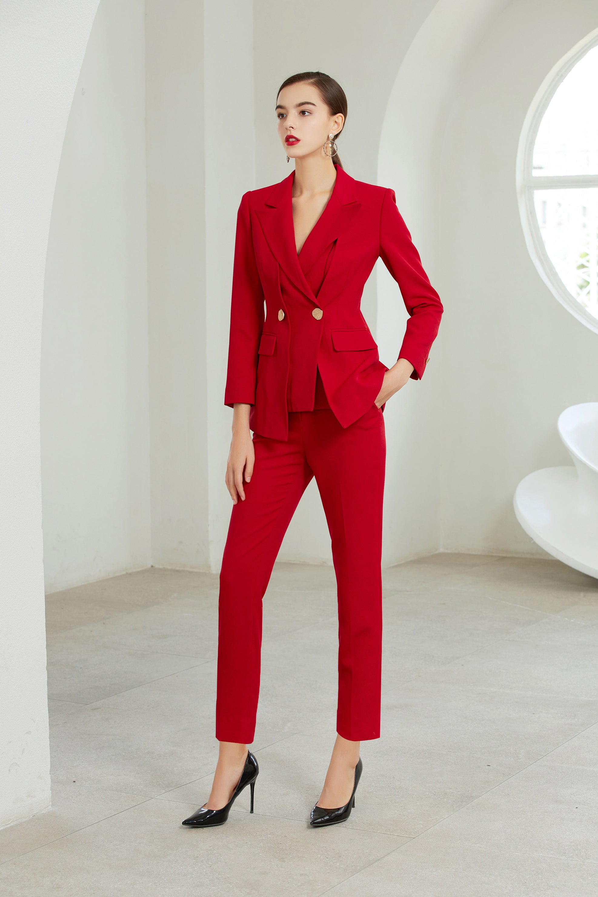 Red Three Button Assymmetric Pantsuit - FashionByTeresa