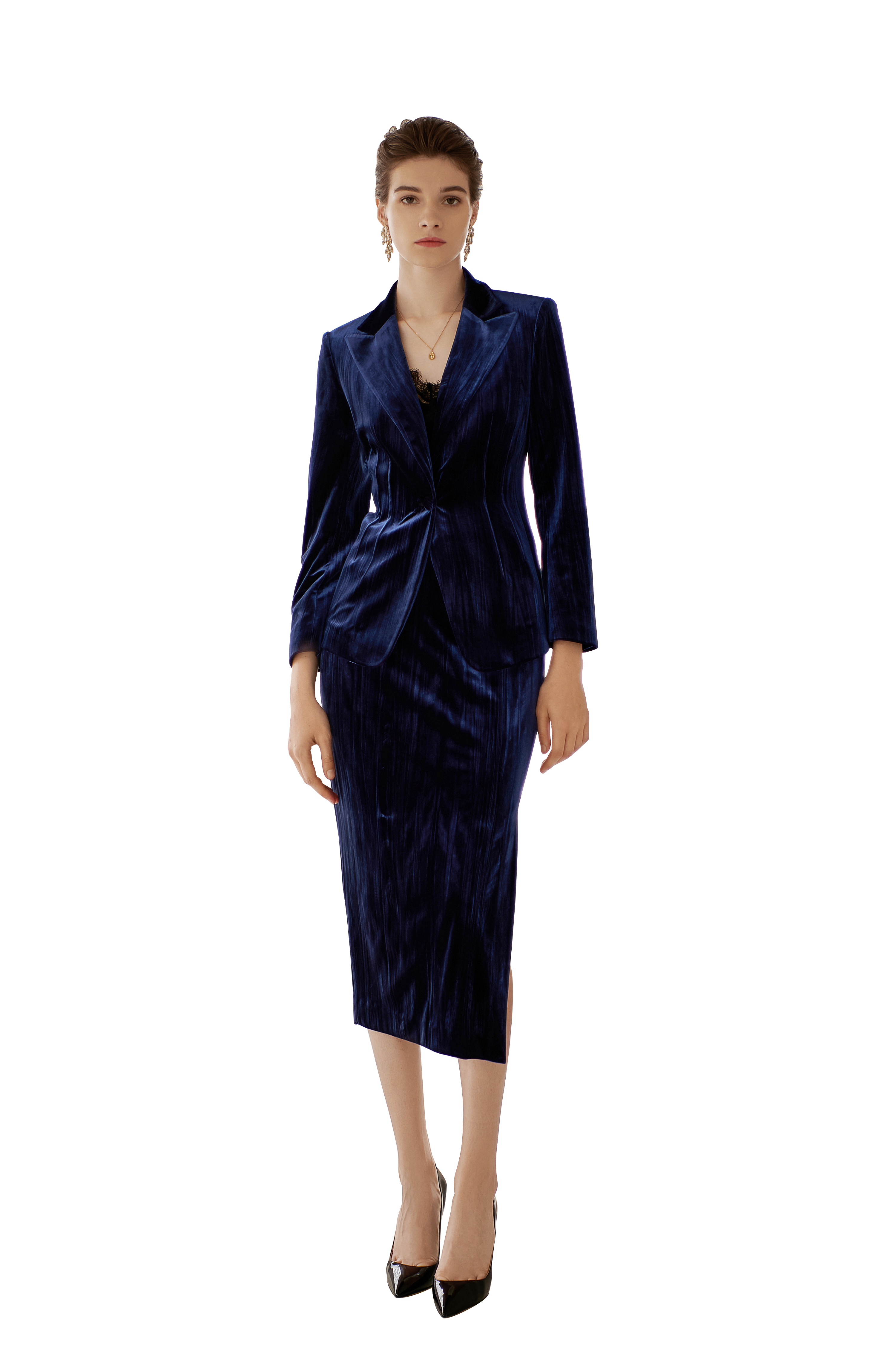 Blue Velvet Satin Asymmetric Side Slit Skirt Suit - FashionByTeresa