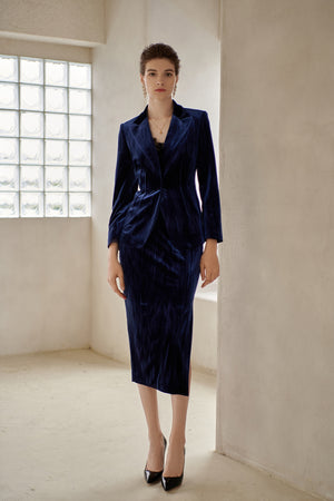 Blue Velvet Satin Asymmetric Side Slit Skirt Suit - FashionByTeresa