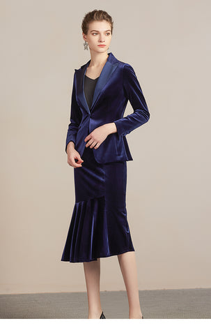 Blue Velvet Pleated Tibetan Asymmetric Skirt Suit - FashionByTeresa