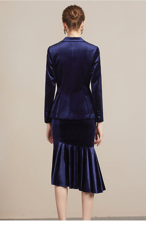 Blue Velvet Pleated Tibetan Asymmetric Skirt Suit - FashionByTeresa