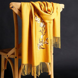 FBT - Soft Wool Flower Embroidery Cashmere Shawl Scarf - FashionByTeresa