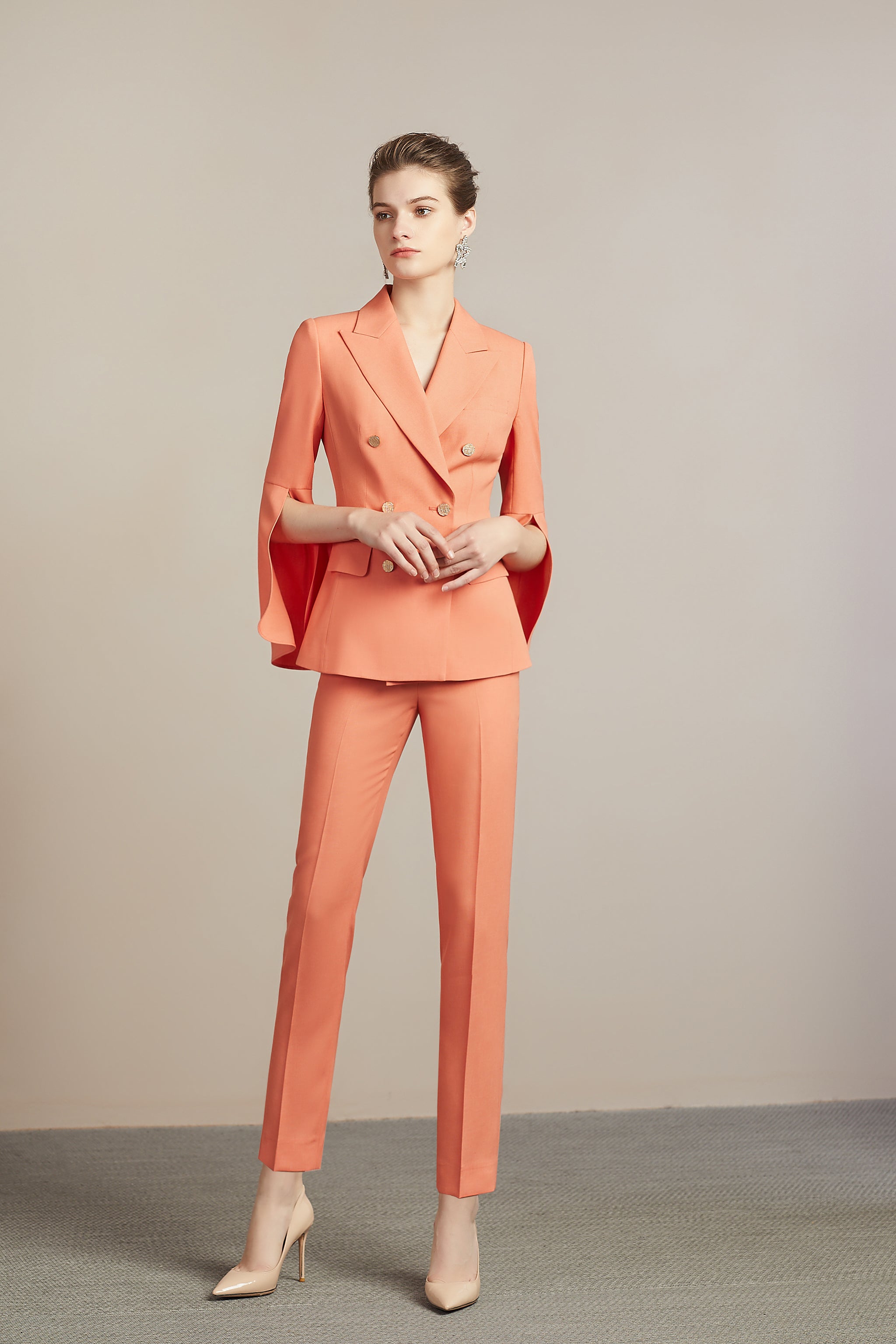 Peach Cape Style Double Breasted Pantsuit - FashionByTeresa