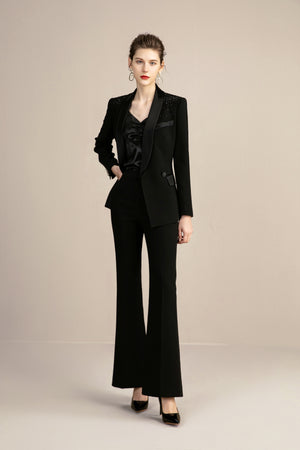 Black Elegant Tuxedo Wide Leg Formal Pant Suits - FashionByTeresa