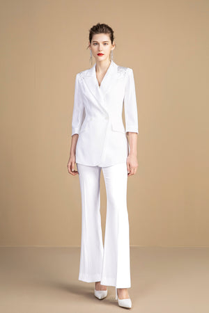 White Embellished Three Quarter Sleeves Pantsuit - FashionByTeresa
