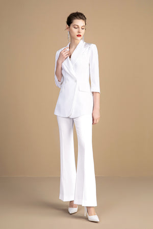 White Embellished Three Quarter Sleeves Pantsuit - FashionByTeresa