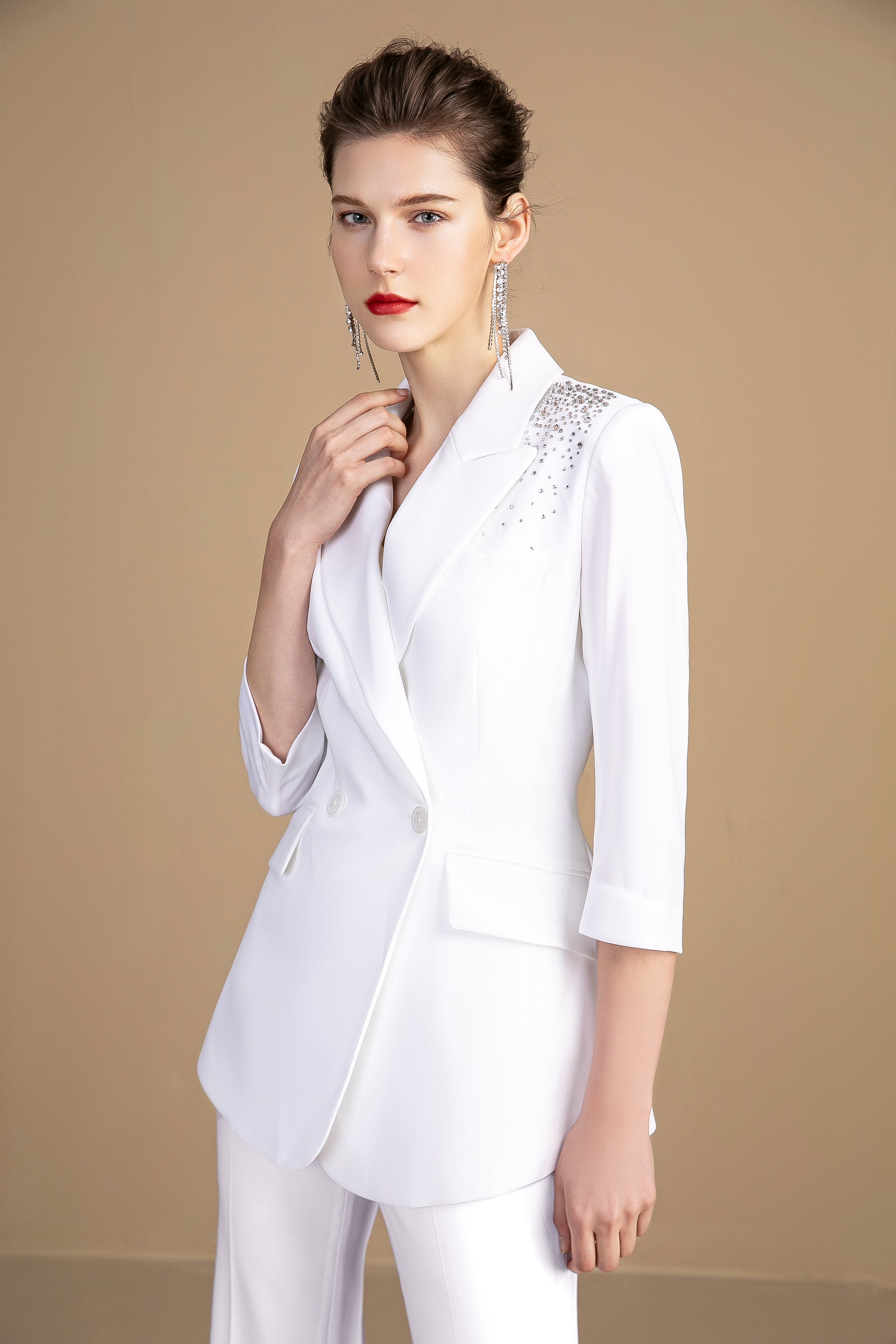 White Embellished Three Quarter Sleeves Pantsuit, XS / White White Embellished Three Quarter Sleeves Pantsuit, XS / White
