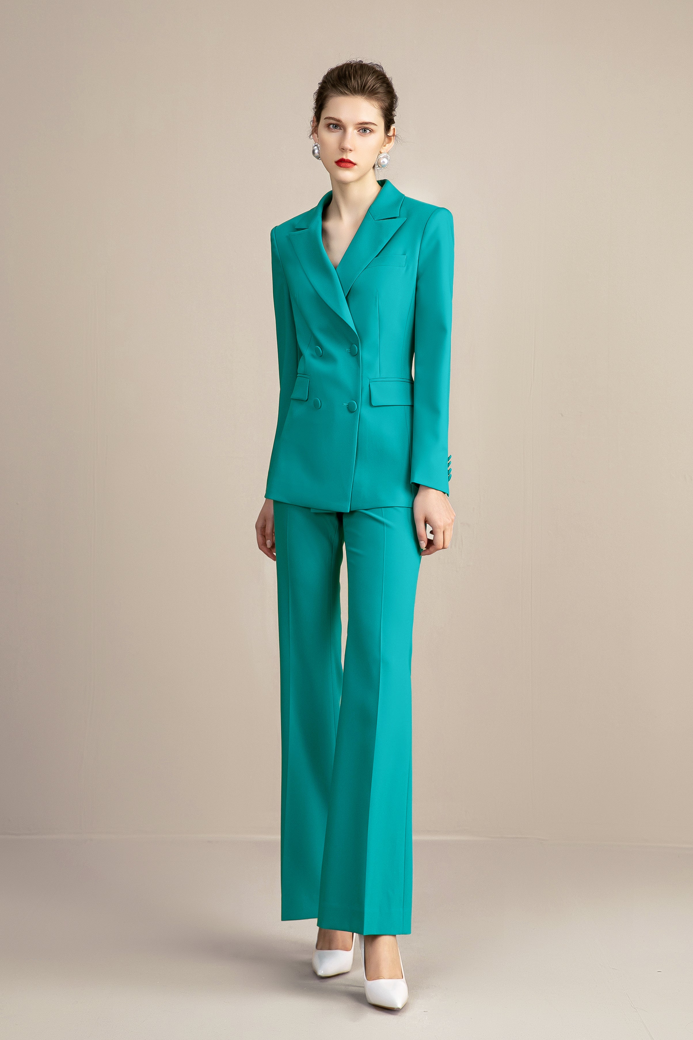 Green and Apricot Double Breasted Wide Leg Pantsuit Set - FashionByTeresa