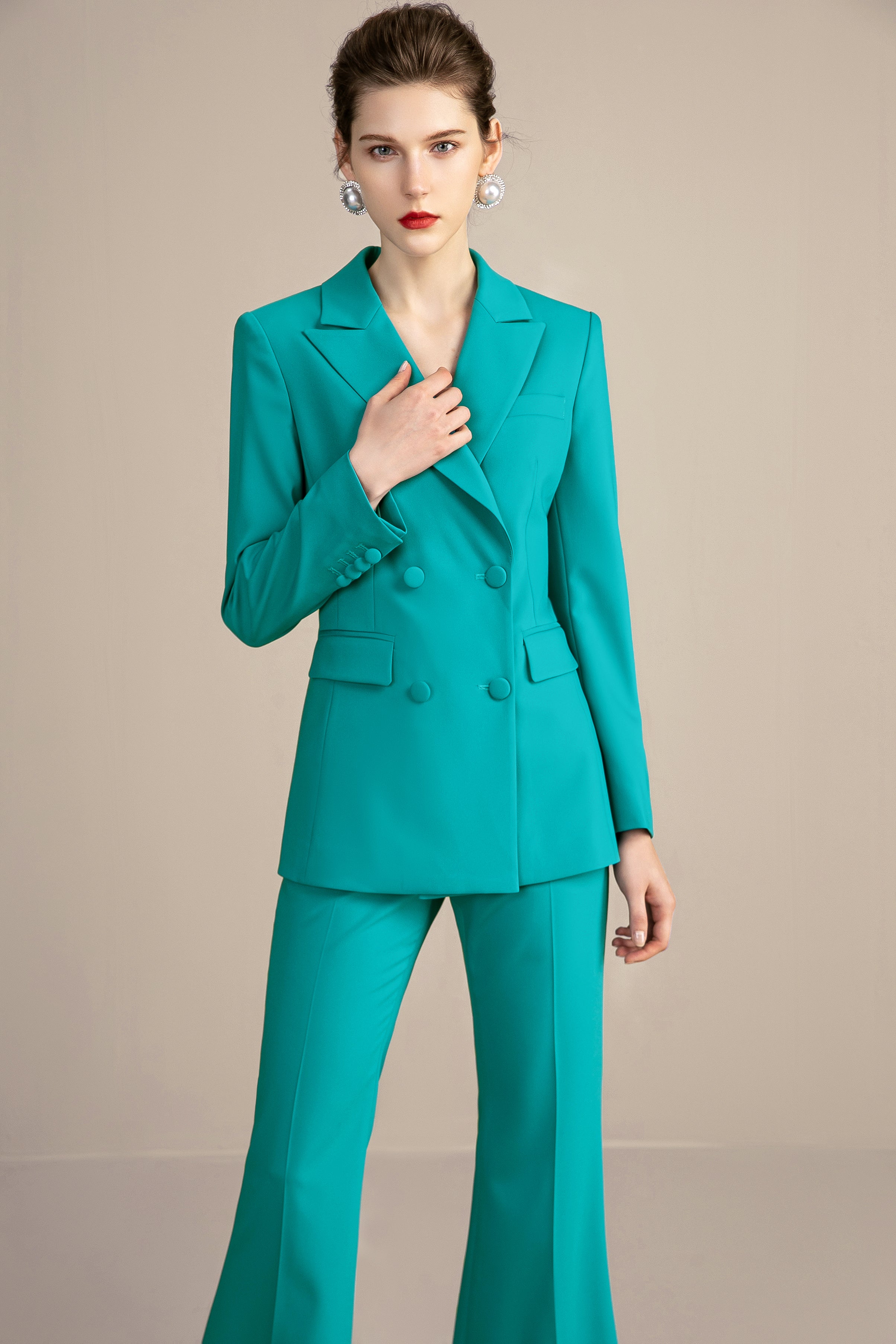Shop Double Breasted Wide Leg Pantsuit Set For Women S / Apricot Shop Double Breasted Wide Leg Pantsuit Set For Women S / Apricot