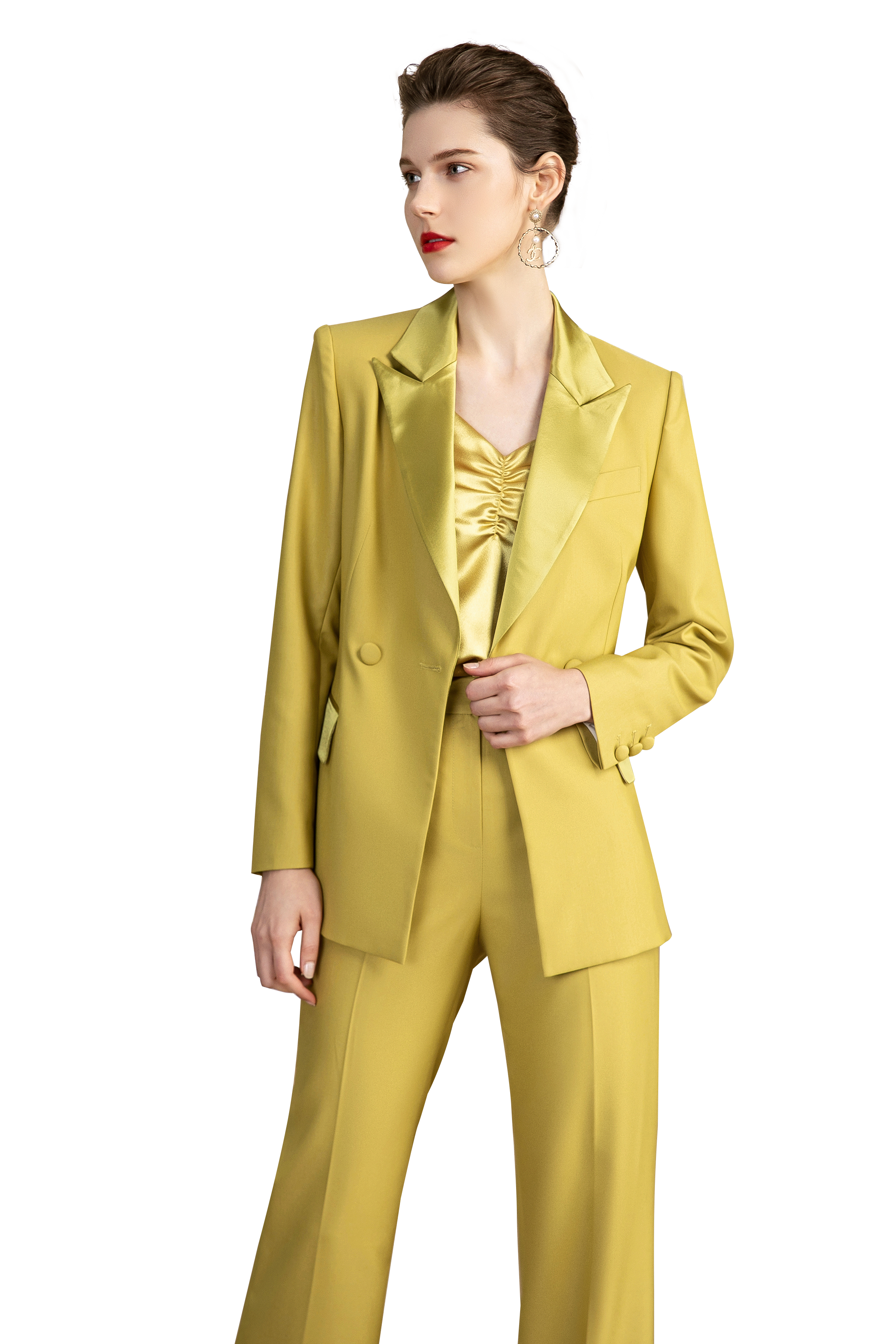 Olive Yellow Tuxedo Double Breasted Pantsuit - FashionByTeresa