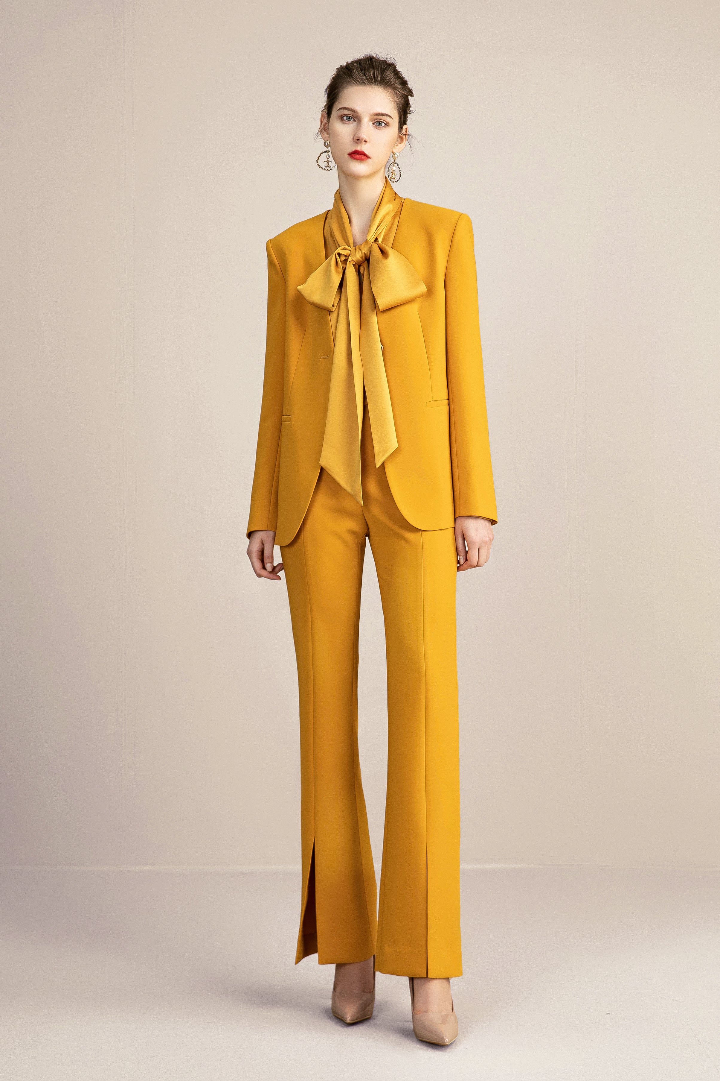 Yellow Blazer Blouse and Pant Suit Set - FashionByTeresa