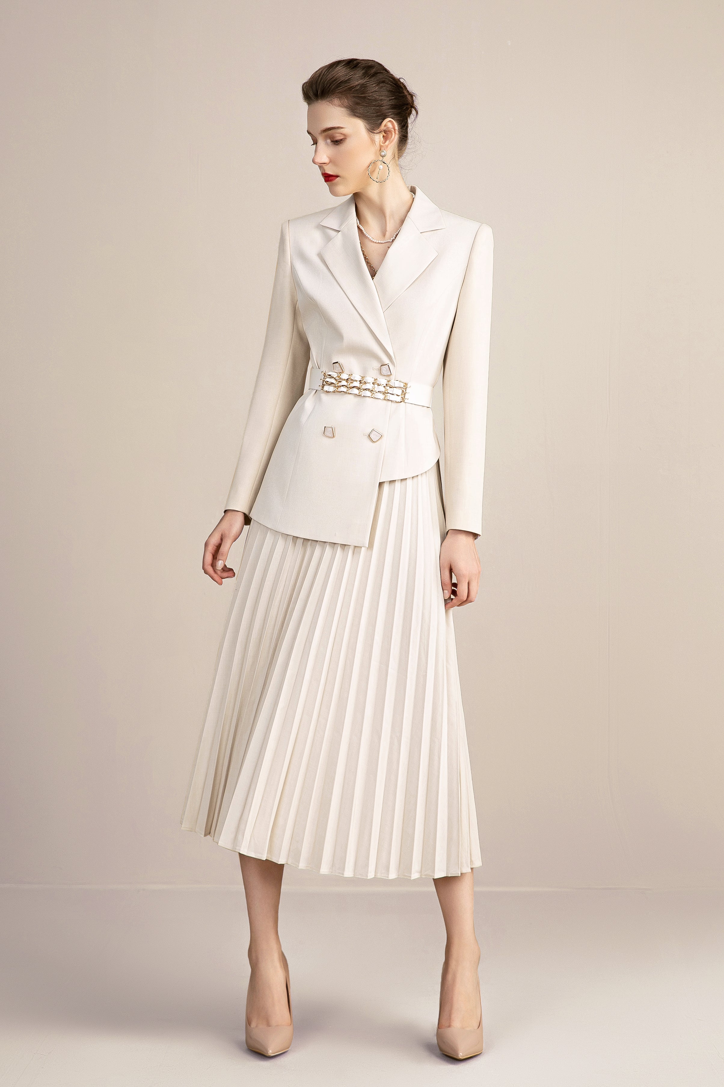 Beige V-neck With Pleated Skirt Blazer Skirt Suits - FashionByTeresa