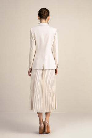 Beige V-neck With Pleated Skirt Blazer Skirt Suits - FashionByTeresa