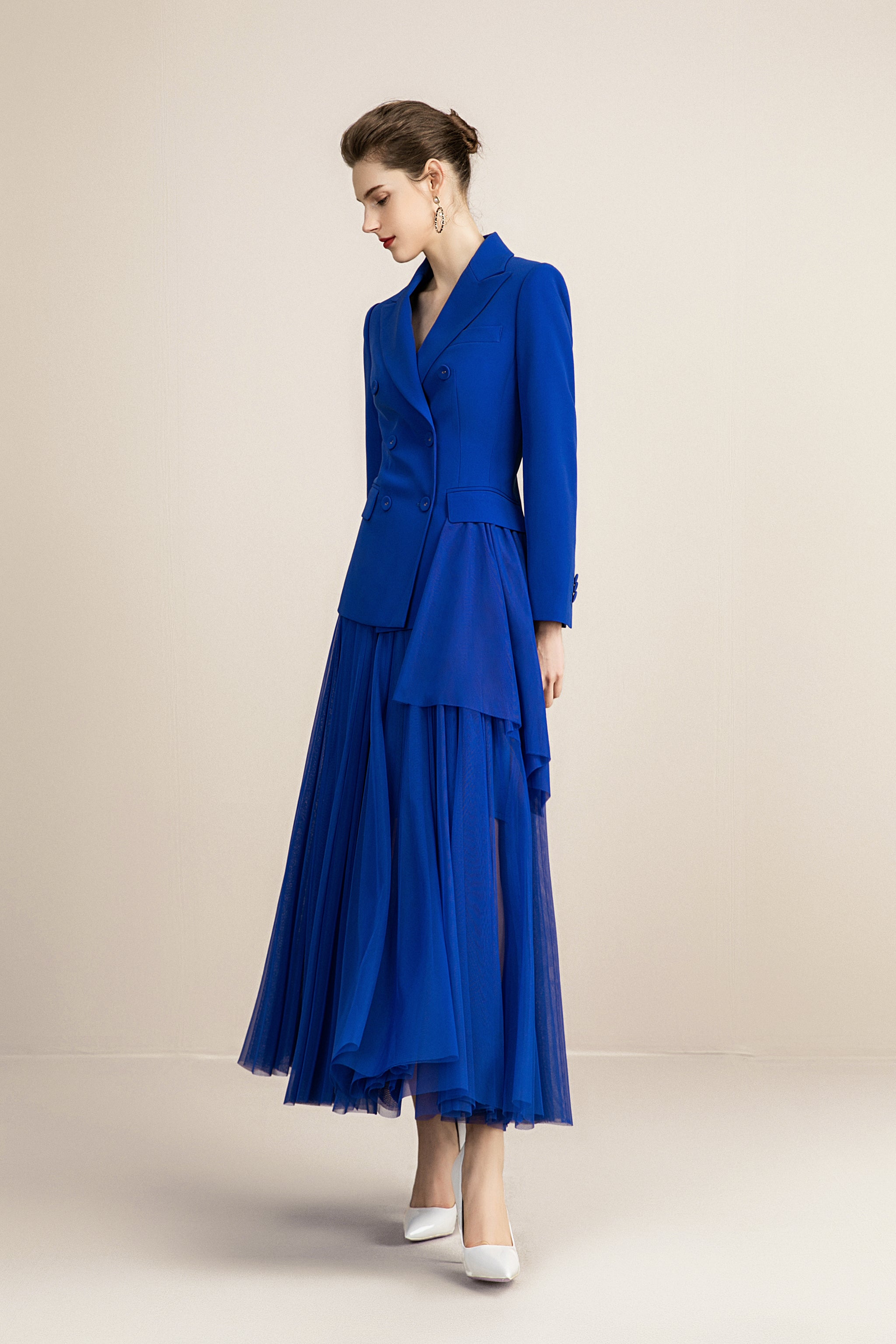 Royal Blue V-neck With Pleated Skirt Blazer Skirt Suits - FashionByTeresa