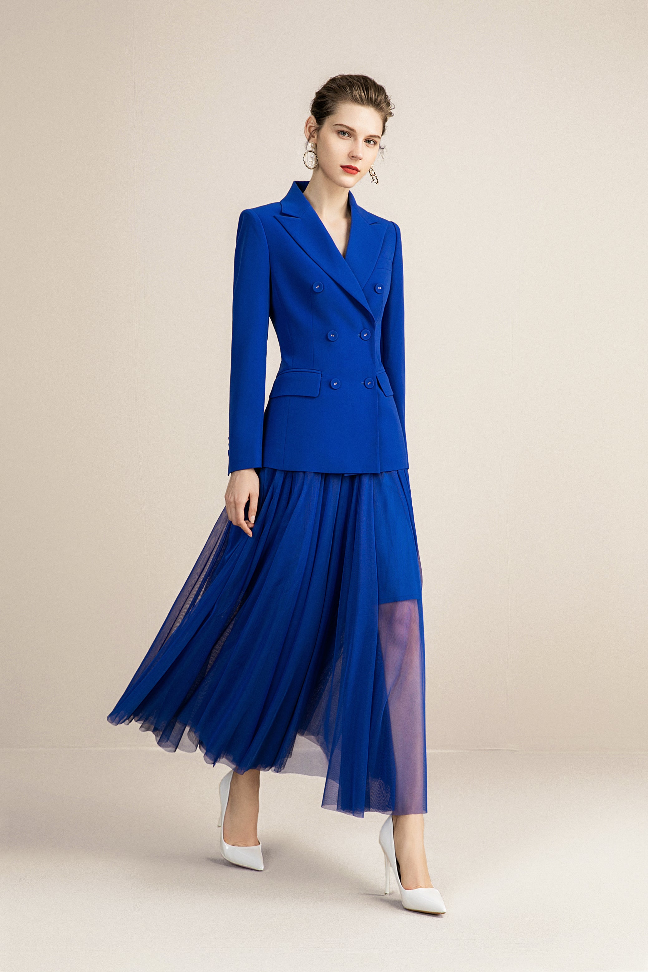 Royal Blue V-neck With Pleated Skirt Blazer Skirt Suits - FashionByTeresa