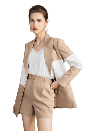 Khaki Color Block Blazer and Short Suits - FashionByTeresa