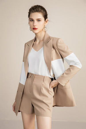 Khaki Color Block Blazer and Short Suits - FashionByTeresa